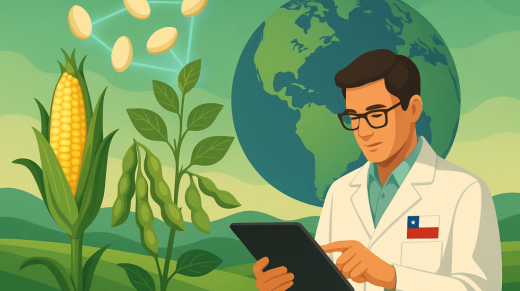 Ilustración de un científico chileno investigando semillas biotecnológicas de maíz y soya, con un globo terráqueo que representa el alcance internacional de Chile.