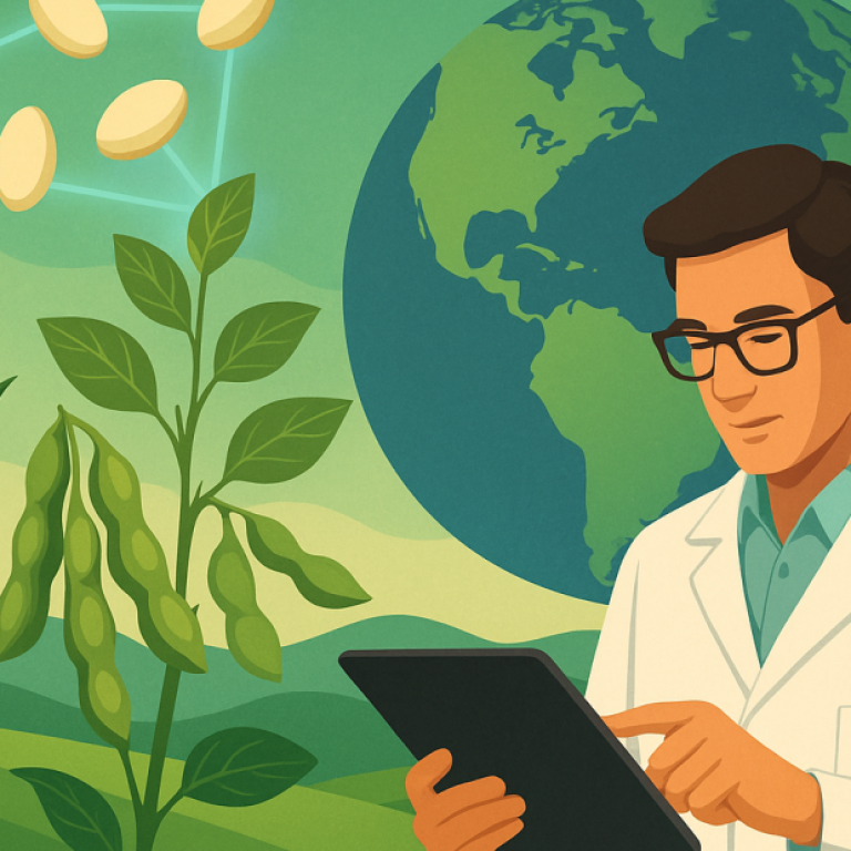 Ilustración de un científico chileno investigando semillas biotecnológicas de maíz y soya, con un globo terráqueo que representa el alcance internacional de Chile.