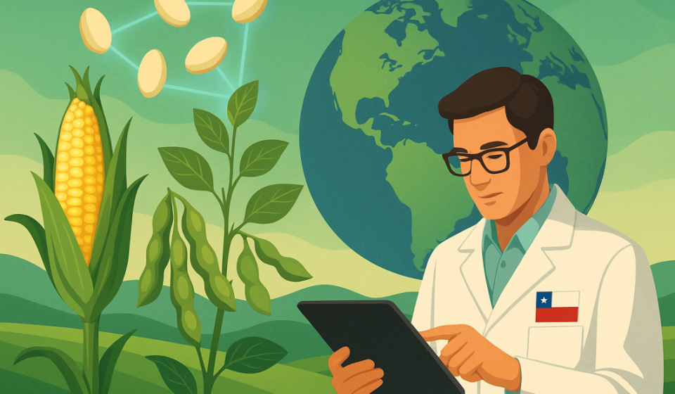 Ilustración de un científico chileno investigando semillas biotecnológicas de maíz y soya, con un globo terráqueo que representa el alcance internacional de Chile.